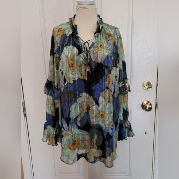 2 Piece Susan Graver Blouse Chiffon Top Blue Floral  Tank Top Career Work 1X - Picture 1 of 9